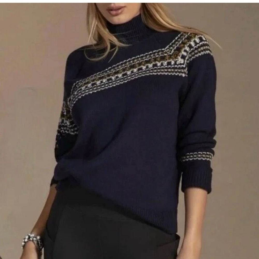 CABI S Fair Isle #4231 Navy 1/2 zip cotton blend sweater classic sophisticated